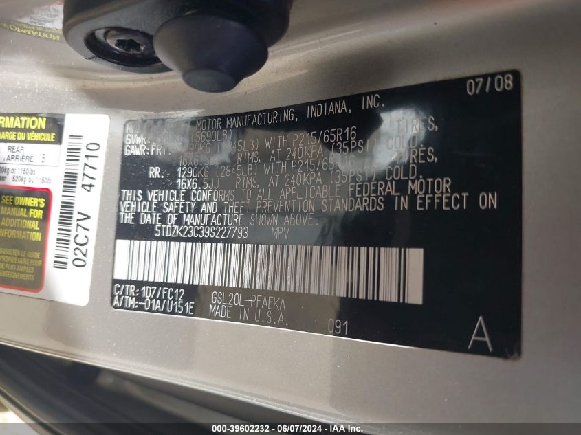 2009 Toyota Sienna Le VIN: 5TDZK23C39S227793 Lot: 39602232