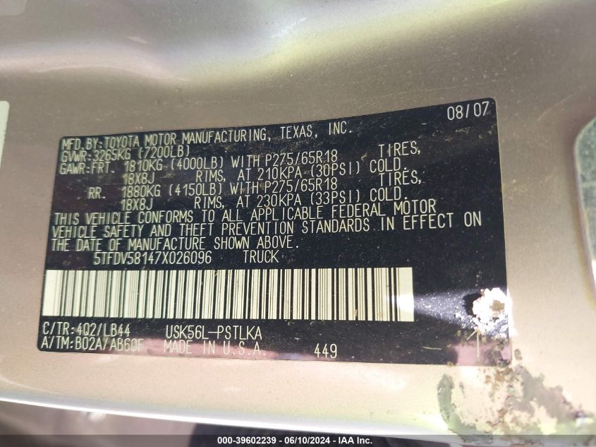 2007 Toyota Tundra Limited 5.7L V8 VIN: 5TFDV58147X026096 Lot: 39602239