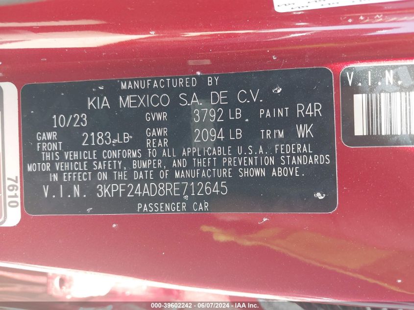 2024 Kia Forte Lxs VIN: 3KPF24AD8RE712645 Lot: 39602242