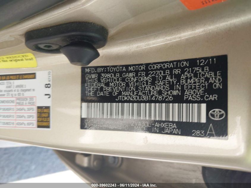 2011 Toyota Prius Three VIN: JTDKN3DU3B1478726 Lot: 39602243