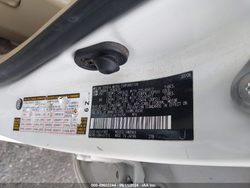 2006 Toyota Highlander Sport V6 VIN: JTEGP21A160116258 Lot: 39602244