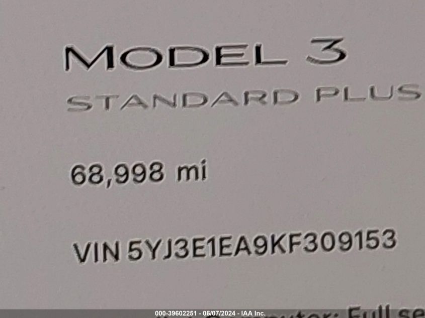 2019 Tesla Model 3 Long Range/Mid Range/Standard Range/Standard Range Plus VIN: 5YJ3E1EA9KF309153 Lot: 39602251