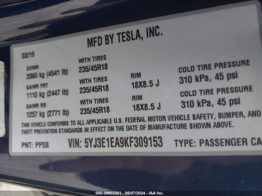 2019 Tesla Model 3 Long Range/Mid Range/Standard Range/Standard Range Plus VIN: 5YJ3E1EA9KF309153 Lot: 39602251