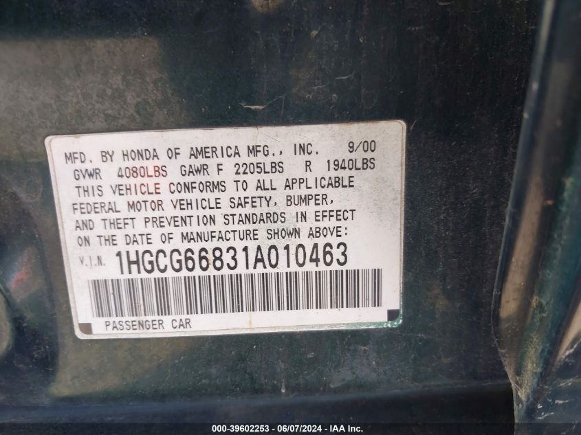 2001 Honda Accord 2.3 Ex VIN: 1HGCG66831A010463 Lot: 39602253