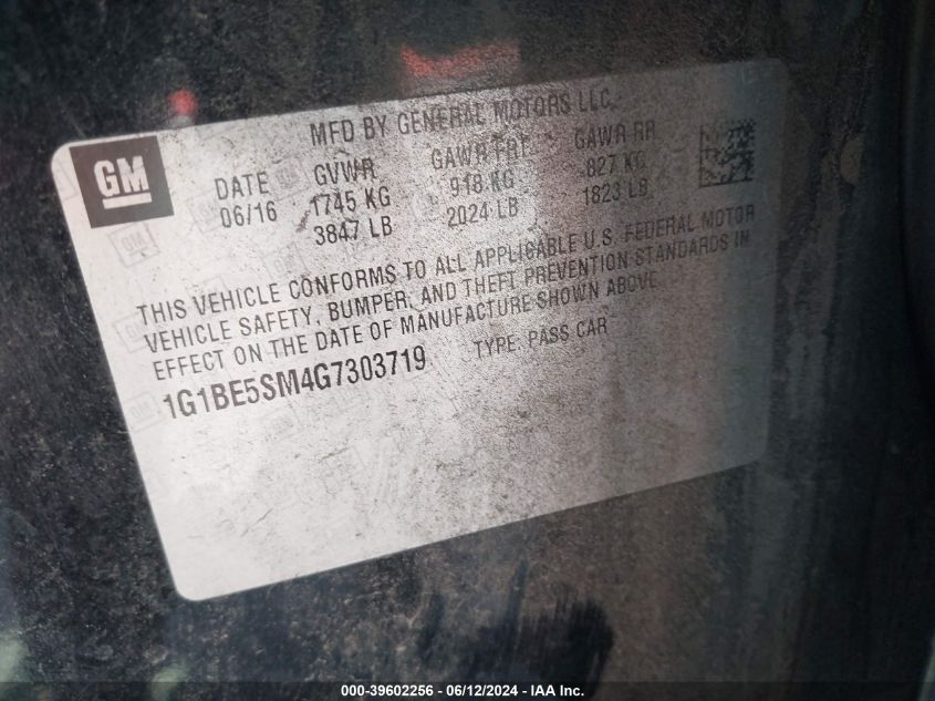 2016 Chevrolet Cruze Lt Auto VIN: 1G1BE5SM4G7303719 Lot: 39602256
