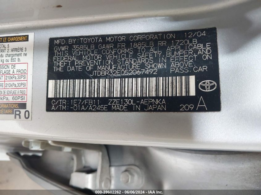 2005 Toyota Corolla Le VIN: JTDBR32E052067492 Lot: 39602262