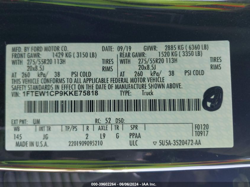 2019 Ford F150 Supercrew VIN: 1FTEW1CP9KKE7581 Lot: 39602264
