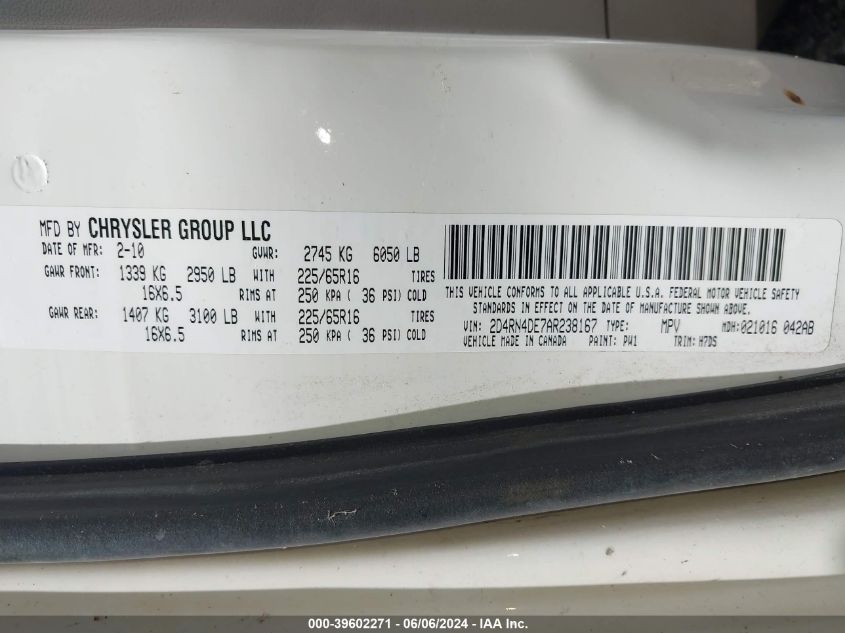 2010 Dodge Grand Caravan Se VIN: 2D4RN4DE7AR238167 Lot: 39602271