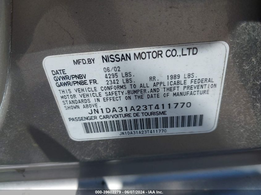 2003 Nissan Maxima Gle VIN: JN1DA31A23T411770 Lot: 39602279