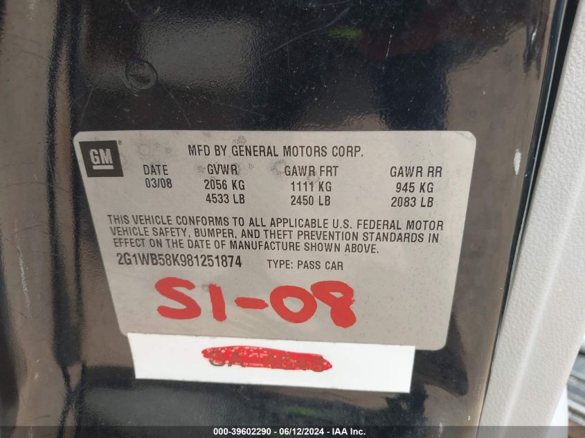 2008 Chevrolet Impala Ls VIN: 2G1WB58K981251874 Lot: 39602290