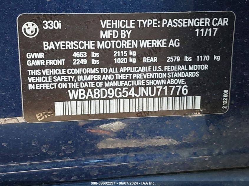 2018 BMW 330I xDrive VIN: WBA8D9G54JNU71776 Lot: 39602297
