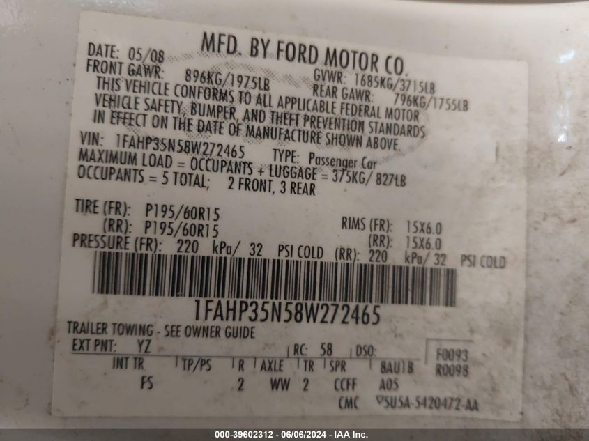2008 Ford Focus Se/Ses VIN: 1FAHP35N58W272465 Lot: 39602312