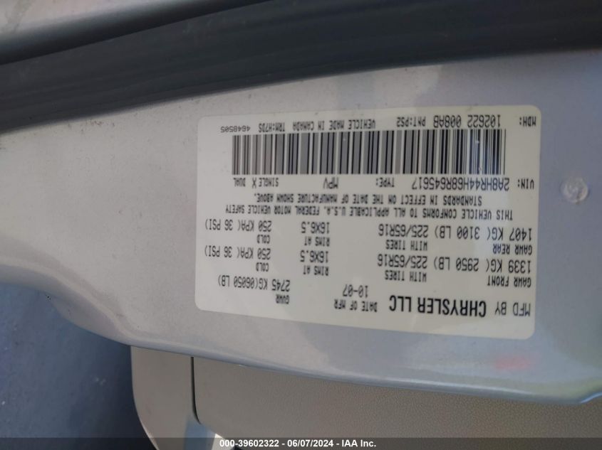 2008 Chrysler Town & Country Lx VIN: 2A8HR44H68R645617 Lot: 39602322