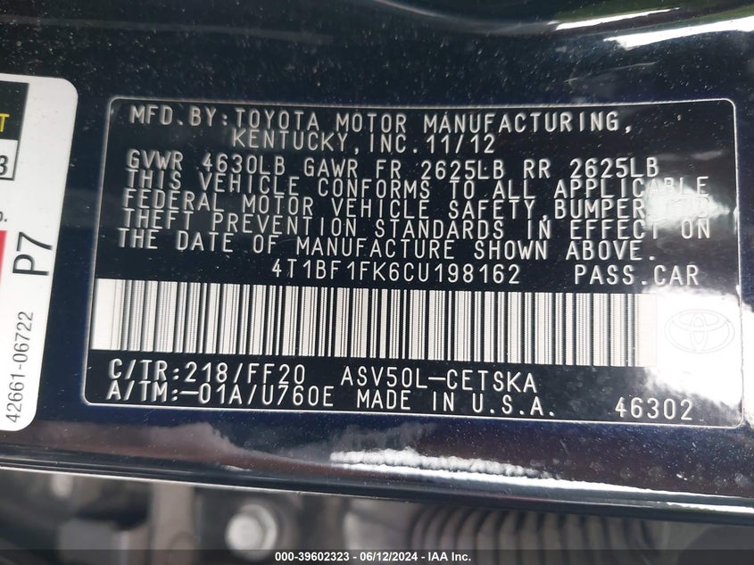 2012 Toyota Camry Se VIN: 4T1BF1FK6CU198162 Lot: 39602323