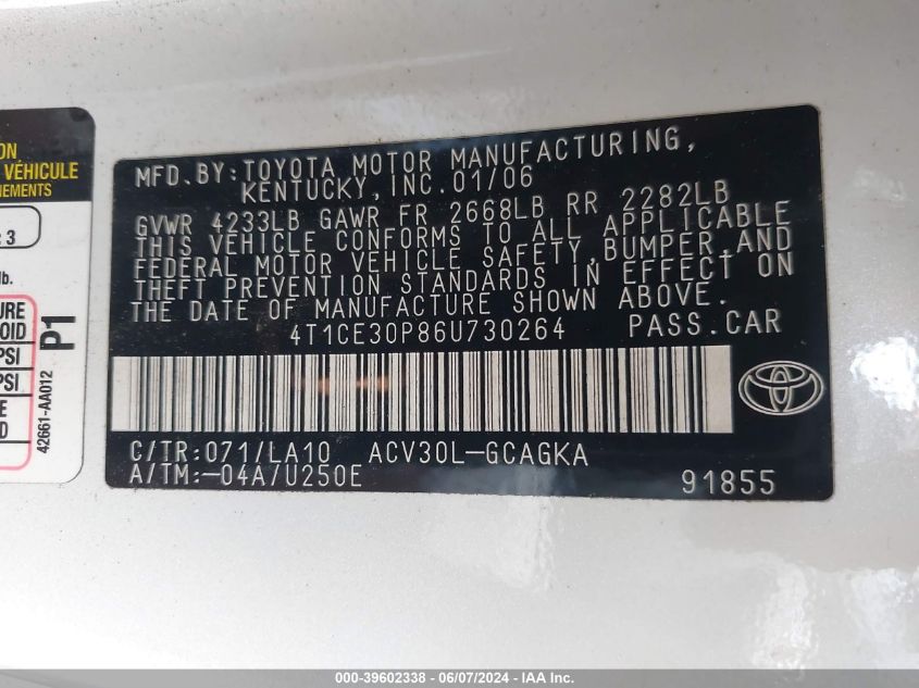 2006 Toyota Camry Solara Se/Sle VIN: 4T1CE30P86U730264 Lot: 39602338