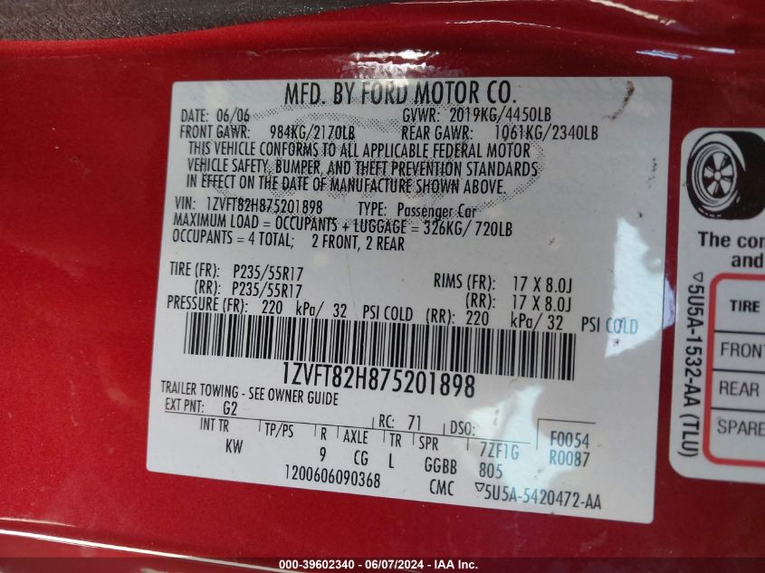 2007 Ford Mustang Gt Deluxe/Gt Premium VIN: 1ZVFT82H875201898 Lot: 39602340