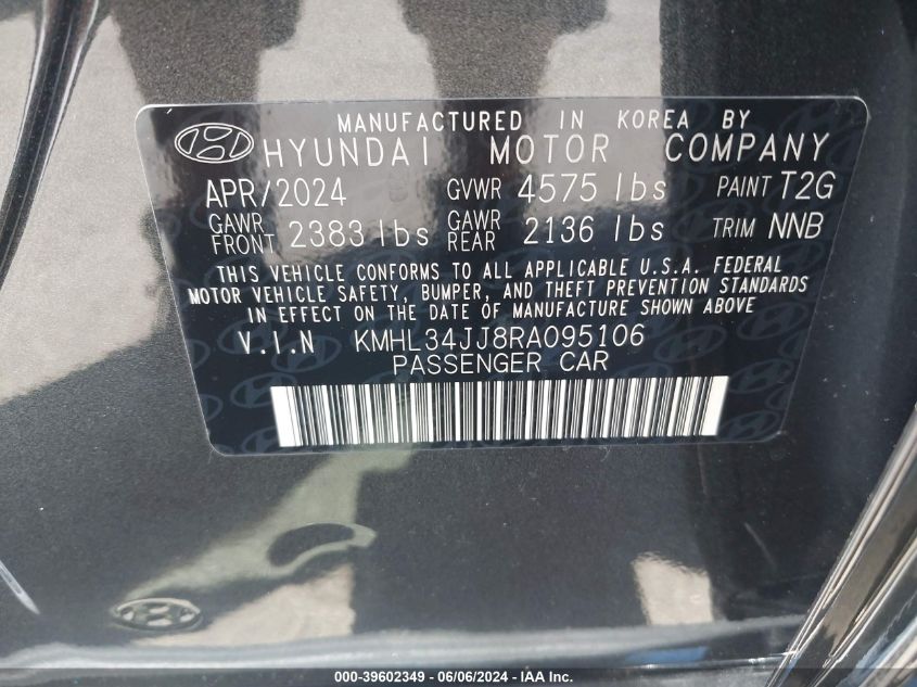 2024 Hyundai Sonata Hybrid/Sel VIN: KMHL34JJ8RA095106 Lot: 39602349