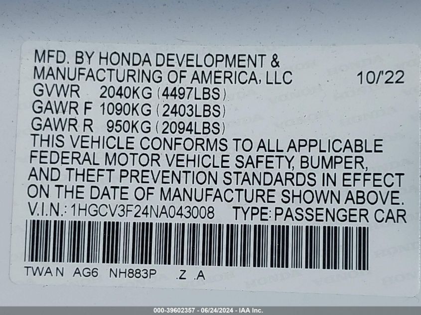 2022 Honda Accord Hybrid Sport VIN: 1HGCV3F24NA043008 Lot: 39602357