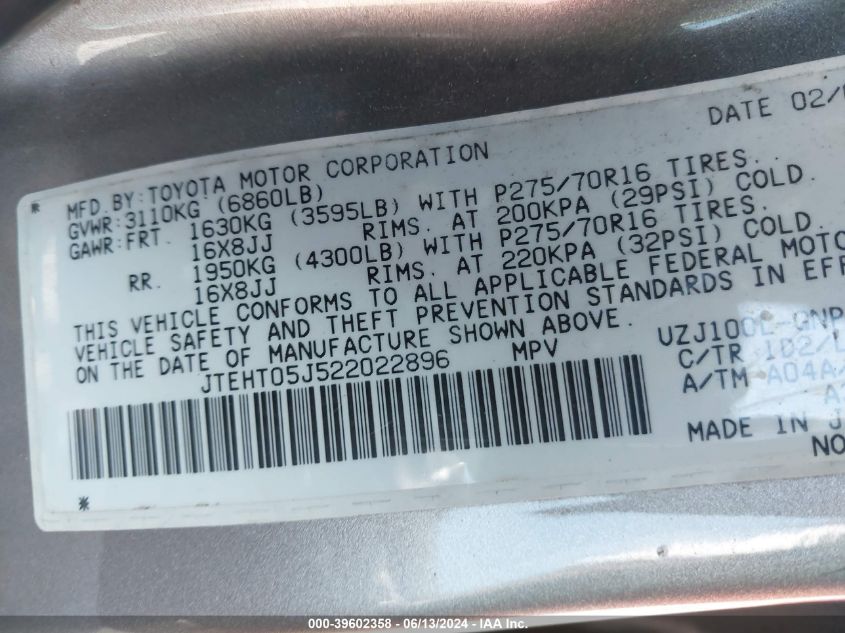 2002 Toyota Land Cruiser VIN: JTEHT05J522022896 Lot: 39602358