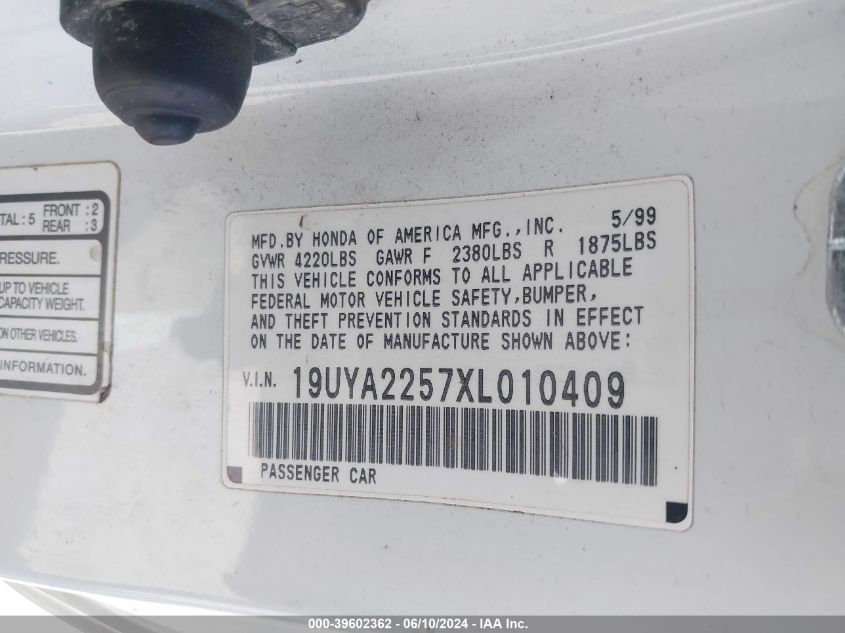 1999 Acura Cl 3.0 VIN: 19UYA2257XL010409 Lot: 39602362