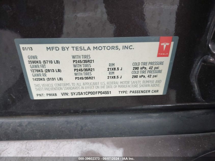 2013 Tesla Model S Performance VIN: 5YJSA1CP0DFP04551 Lot: 39602373