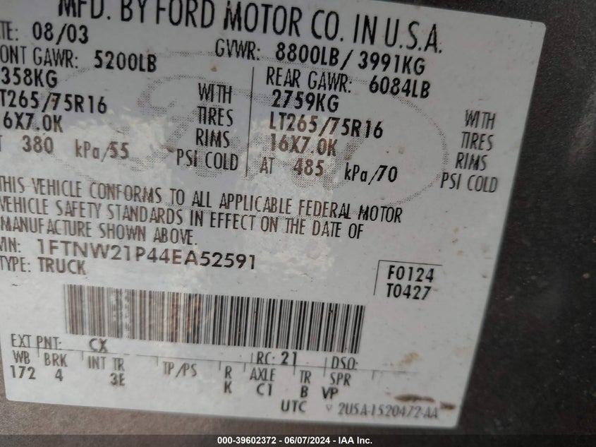 2004 Ford F-250 Lariat/Xl/Xlt VIN: 1FTNW21P44EA52591 Lot: 39602372