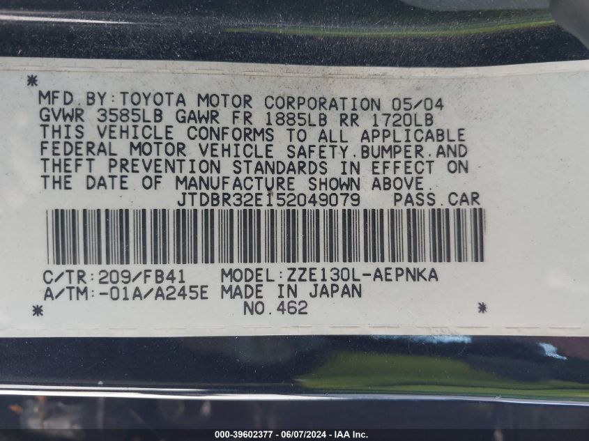 2005 Toyota Corolla Le VIN: JTDBR32E152049079 Lot: 39602377