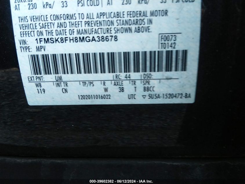 2021 Ford Explorer Limited VIN: 1FMSK8FH8MGA38678 Lot: 39602382