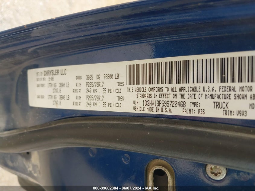 2009 Dodge Ram 1500 Slt/Sport/Trx VIN: 1D3HV13P59S720468 Lot: 39602384