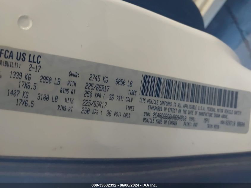 2017 Dodge Grand Caravan Se Plus VIN: 2C4RDGBG6HR694810 Lot: 39602392