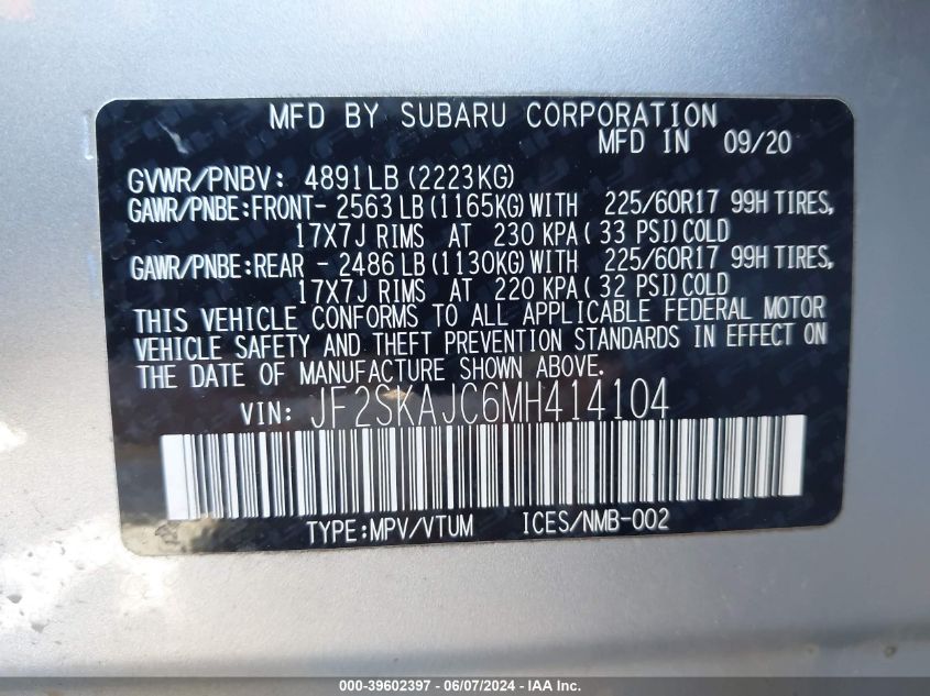 2021 Subaru Forester Premium VIN: JF2SKAJC6MH414104 Lot: 39602397