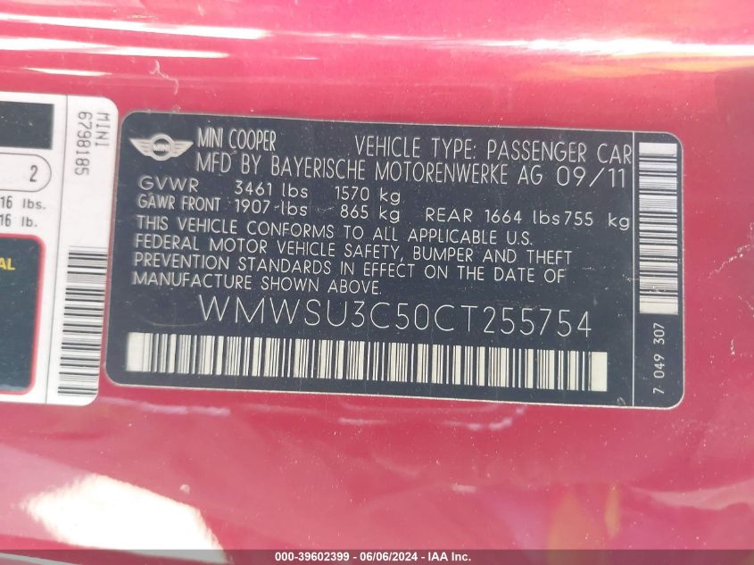 2012 Mini Cooper VIN: WMWSU3C50CT255754 Lot: 39602399