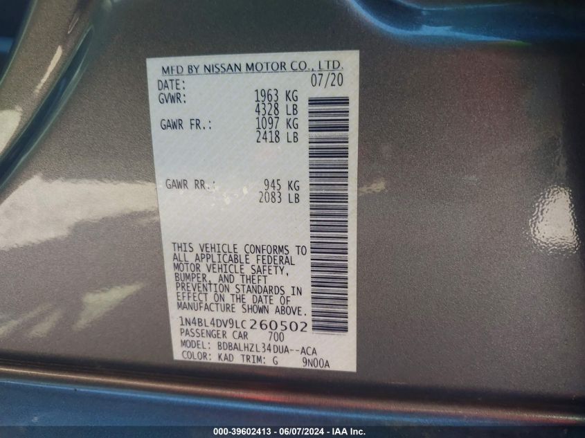 2020 Nissan Altima Sv Fwd VIN: 1N4BL4DV9LC260502 Lot: 39602413