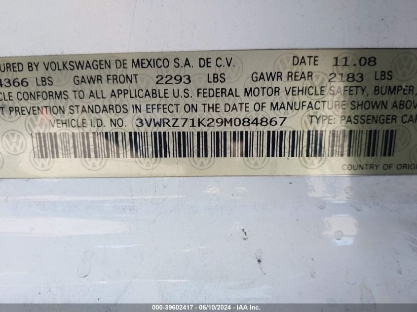 2009 Volkswagen Jetta Se VIN: 3VWRZ71K29M084867 Lot: 39602417