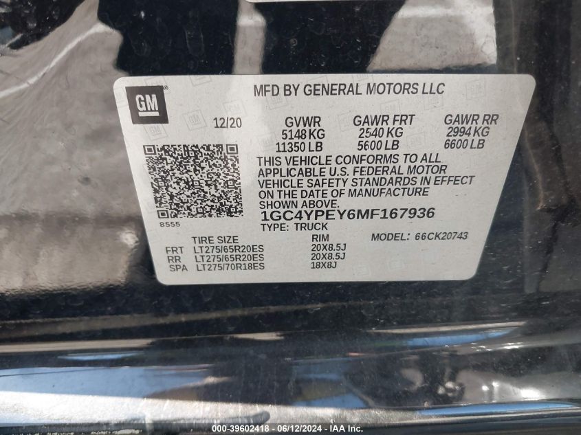 2021 Chevrolet Silverado 2500Hd 4Wd Standard Bed Ltz VIN: 1GC4YPEY6MF167936 Lot: 39602418