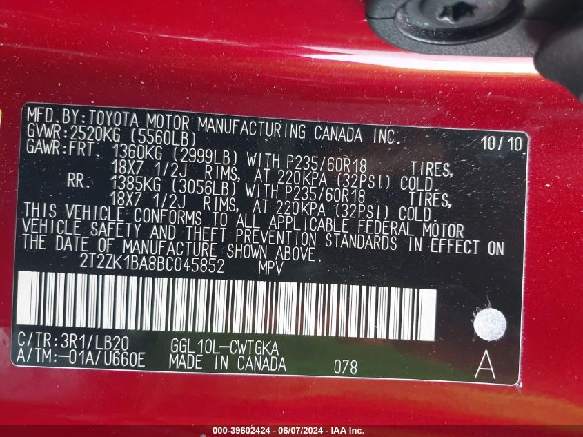 2011 Lexus Rx 350 VIN: 2T2ZK1BA8BC045852 Lot: 39602424