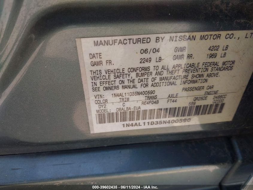 2005 Nissan Altima 2.5 S VIN: 1N4AL11D35N400590 Lot: 39602435
