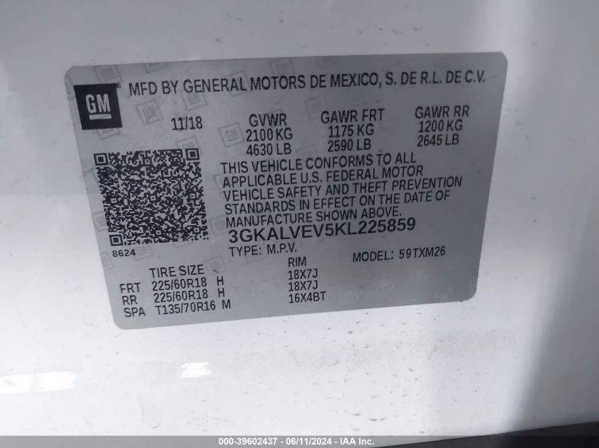 2019 GMC Terrain Slt VIN: 3GKALVEV5KL225859 Lot: 39602437