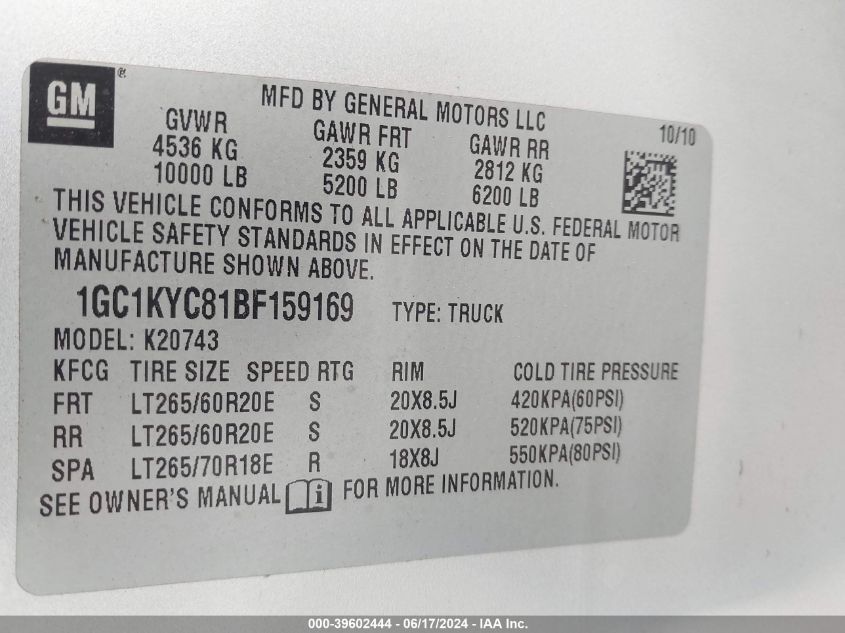 2011 Chevrolet Silverado 2500Hd Ltz VIN: 1GC1KYC81BF159169 Lot: 39602444