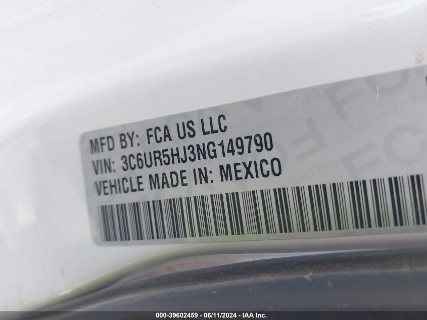 2022 Ram 2500 Tradesman 4X4 8' Box VIN: 3C6UR5HJ3NG149790 Lot: 39602459