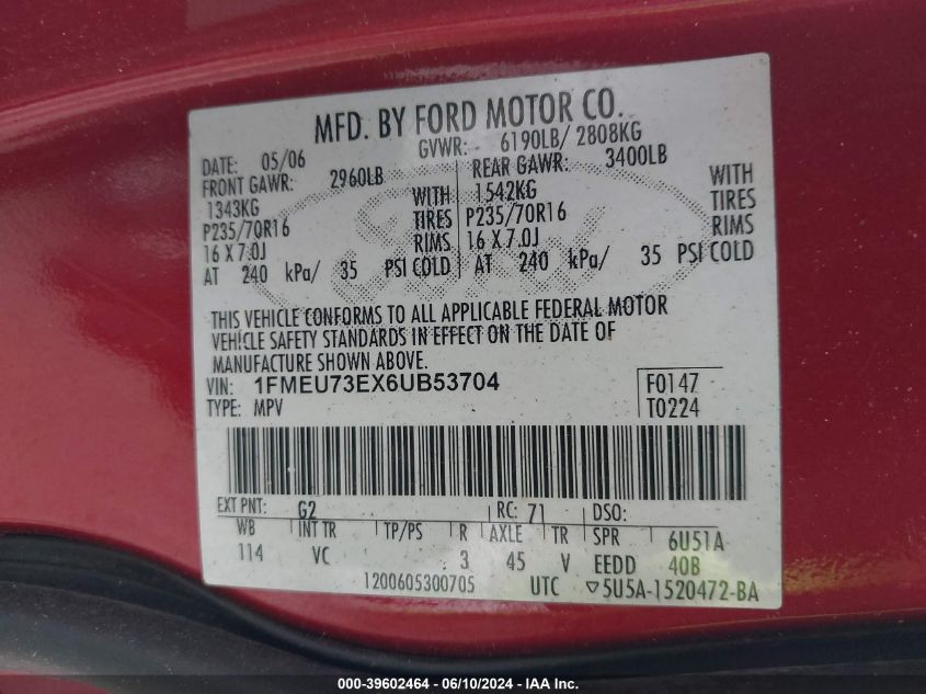 2006 Ford Explorer Xlt VIN: 1FMEU73EX6UB53704 Lot: 39602464