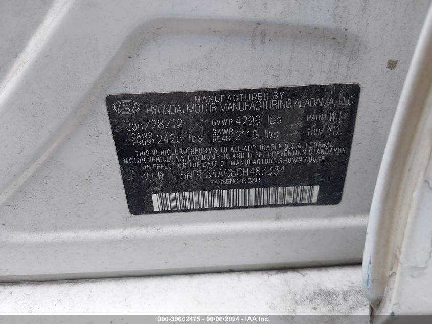 5NPEB4AC8CH463334 | 2012 HYUNDAI SONATA