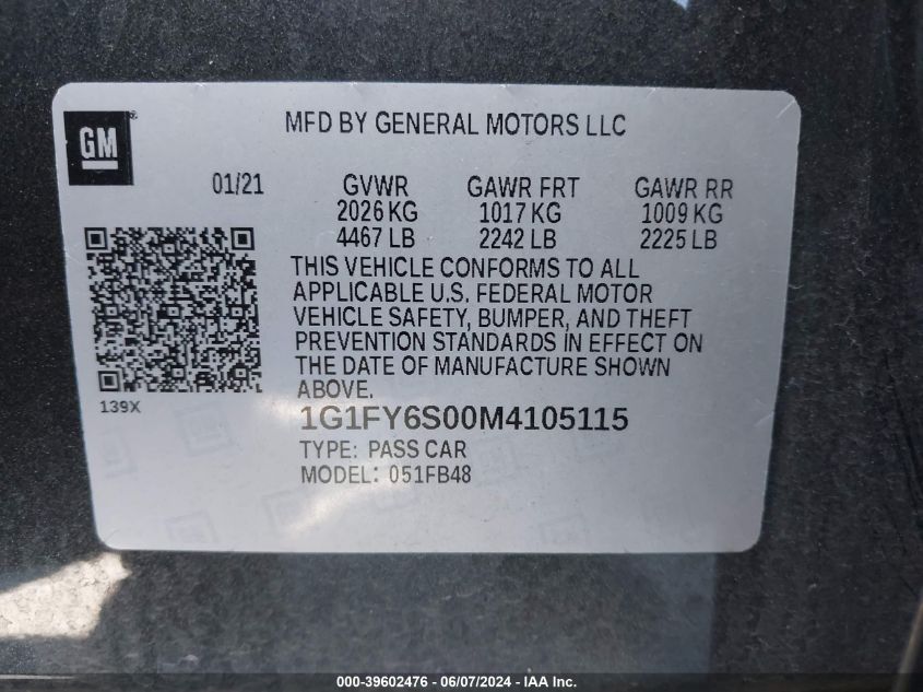2021 Chevrolet Bolt Ev Fwd Lt VIN: 1G1FY6S00M4105115 Lot: 39602476