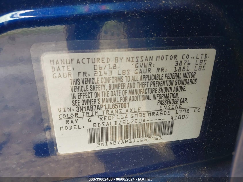 2018 Nissan Sentra Sv VIN: 3N1AB7AP1JL657061 Lot: 39602488