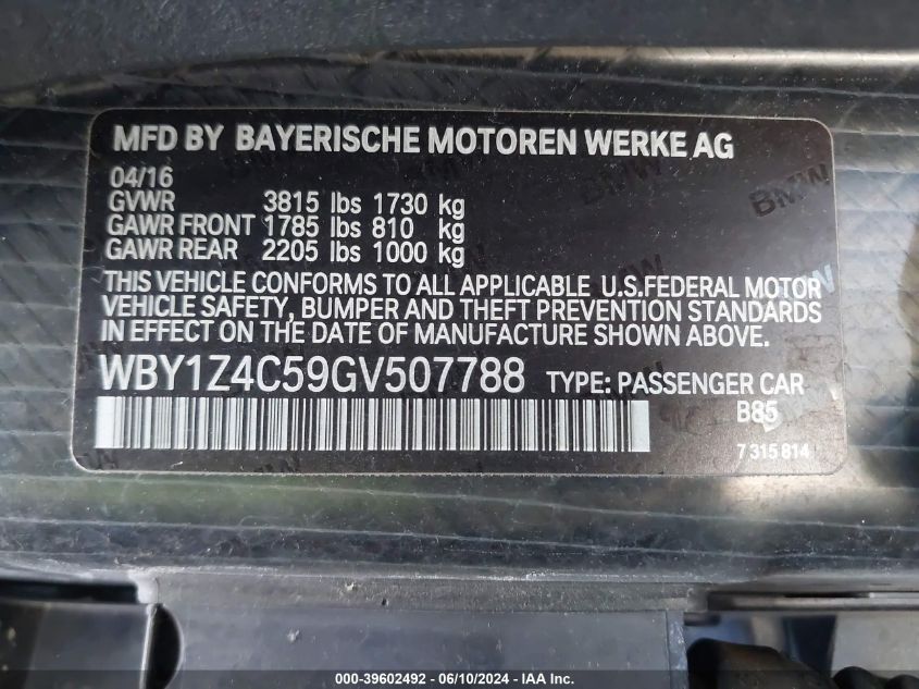 2016 BMW I3 Rex VIN: WBY1Z4C59GV507788 Lot: 39602492