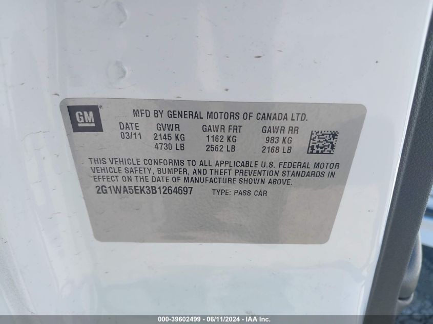 2011 Chevrolet Impala Ls VIN: 2G1WA5EK3B1264697 Lot: 39602499