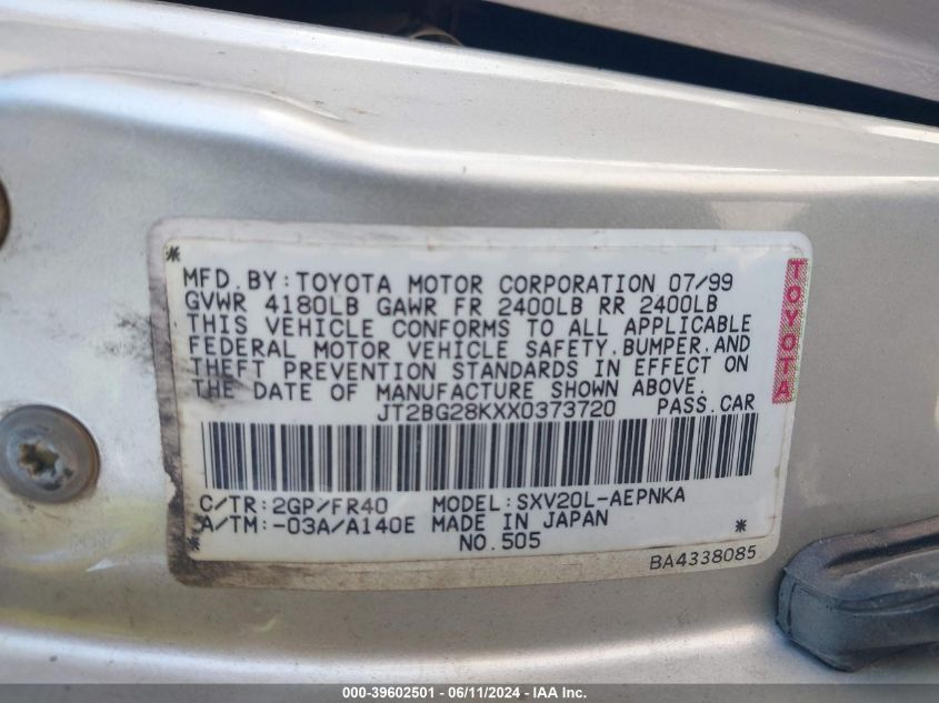 1999 Toyota Camry Le VIN: JT2BG28KXX0373720 Lot: 39602501