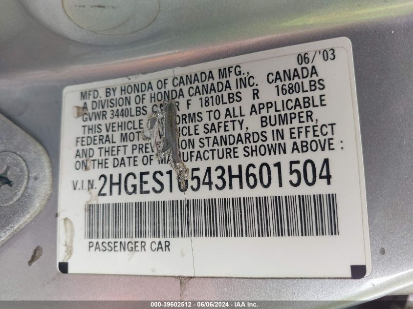 2003 Honda Civic Lx VIN: 2HGES16543H601504 Lot: 39602512