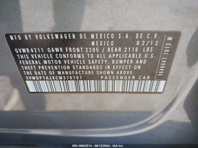 2012 Volkswagen Jetta 2.5L Se VIN: 3VWDP7AJXCM376197 Lot: 39602514