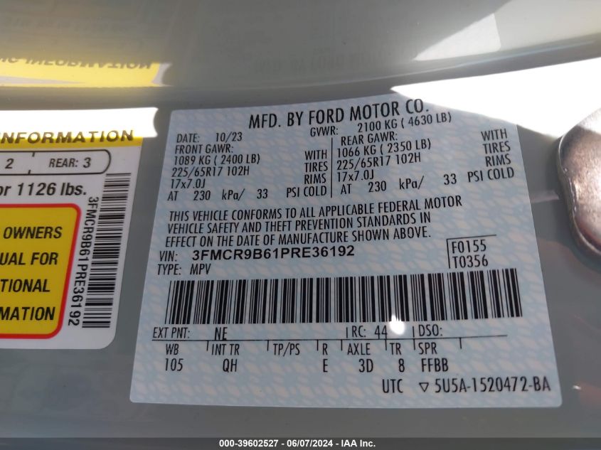 2023 Ford Bronco Sport Big Bend VIN: 3FMCR9B61PRE36192 Lot: 39602527